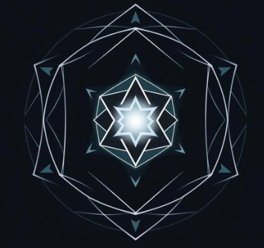 Dream Catcher graphic with a glowing white geometric star at its center, surrounded by layered blue-gray angular lines