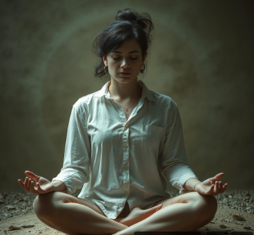 Echoes of Excellence meditation audio series featuring a woman in a pale blue shirt seated cross-legged with hands open