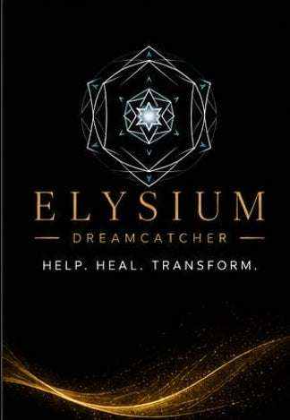 Elysium DreamCatcher digital membership graphic with gold lettering, geometric silver emblem, and gold wave accents on black
