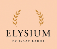 Elysium by Isaac Lakhi company logo with gold laurel branches and black lettering on a peach background.