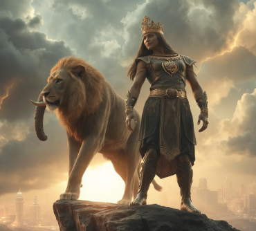 Isaac Lakhi® Platinum depicts a crowned warrior in dark armor standing beside a tawny lion on a rocky ledge
