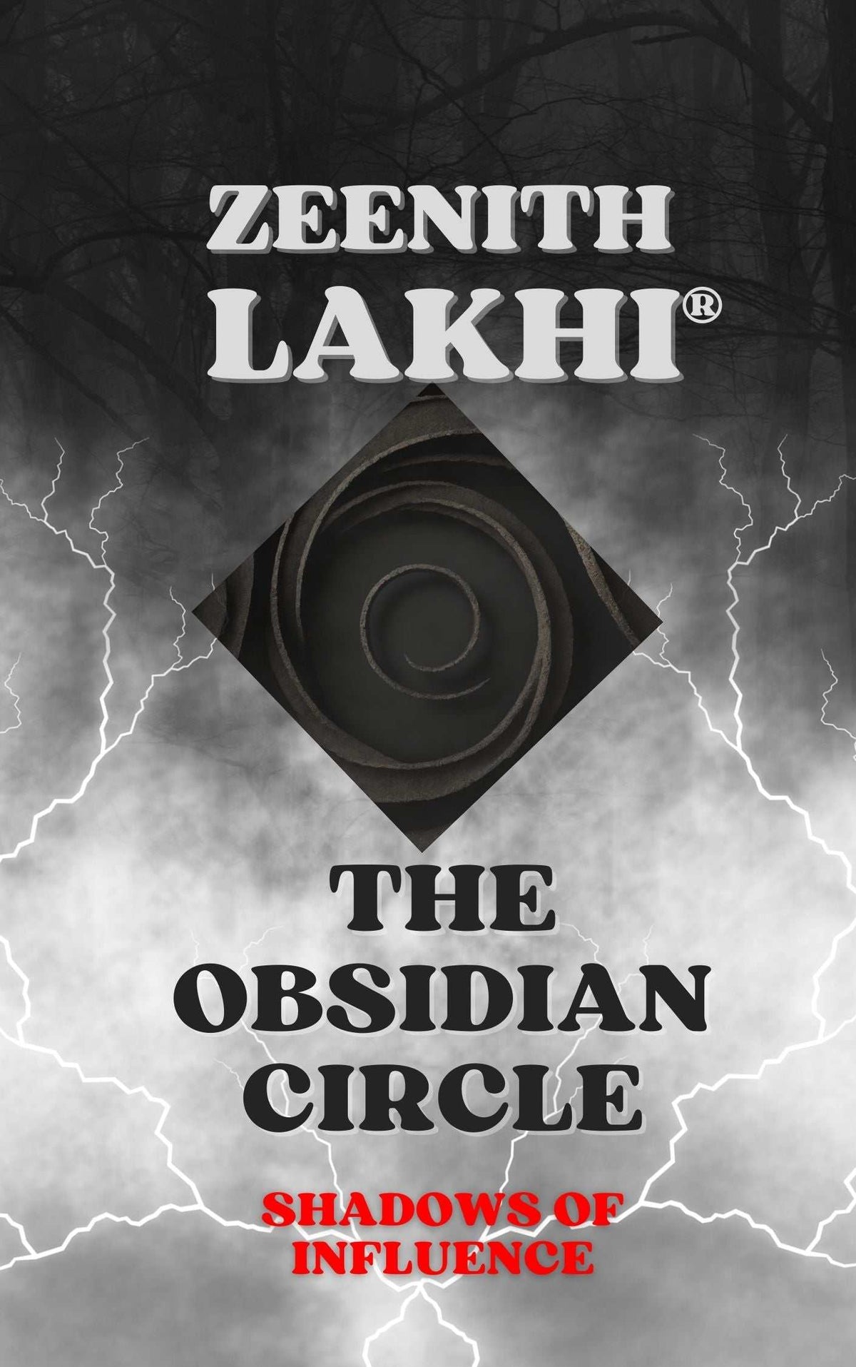 The Obsidian Circle thriller book cover in grayscale, with a dark concentric-circle emblem, storm clouds and red subtitle
