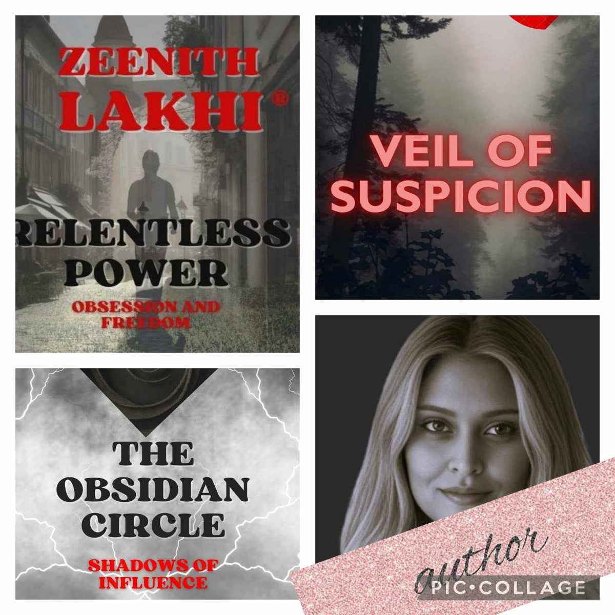 Book cover collage featuring Veil of Suspicion in pink lettering on a misty forest background, alongside two thriller covers and an author portrait.
